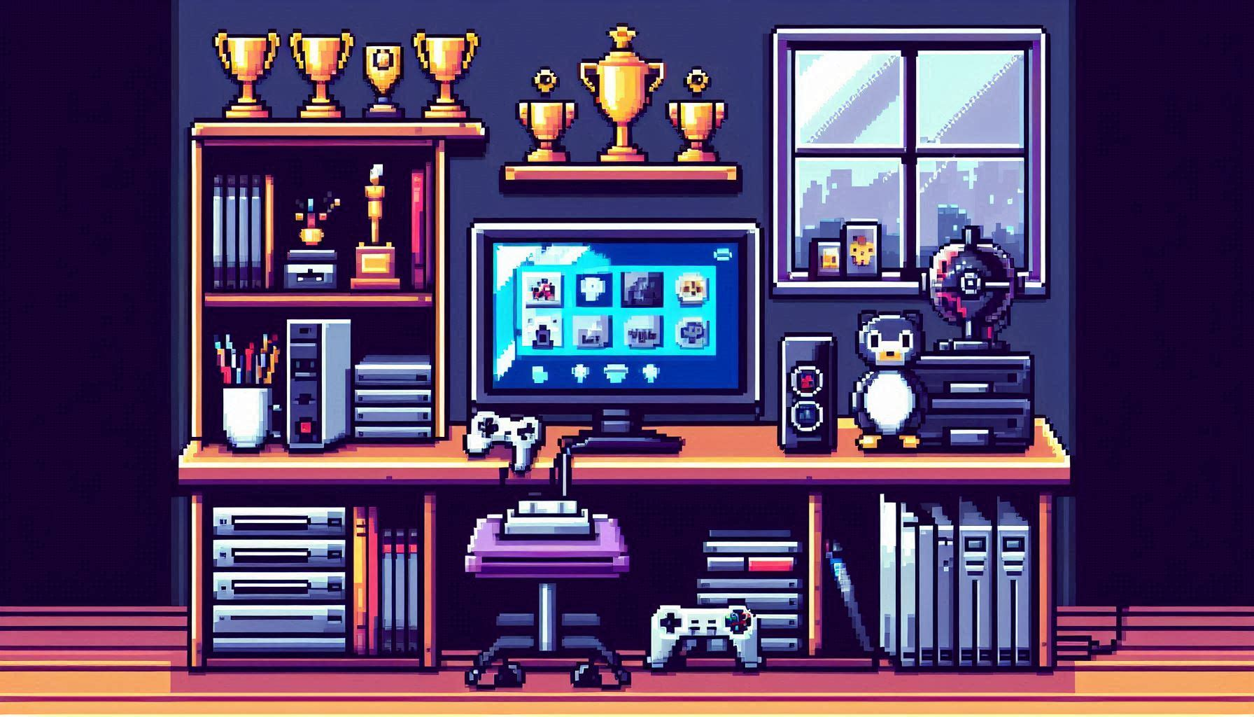 Desk with gaming system and trophies.